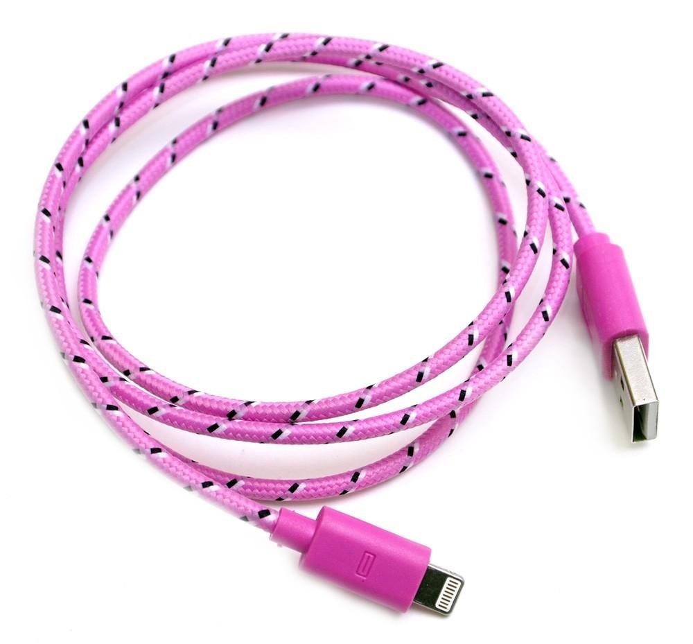 Оригинальный розовый USB Lighting кабель, зарядка, провод для iPhone 5, 5s,  5c, ipad retina / mini из прочной оплётки розовый