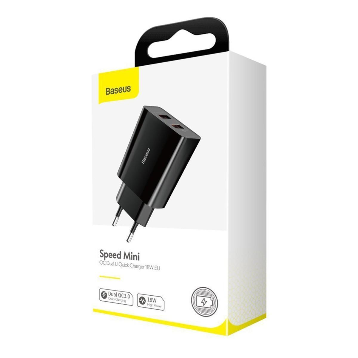 Быстрая зарядка для Samsung, iPhone Baseus Speed Mini QC Dual U Quick  Charger 18W Black CCFS-