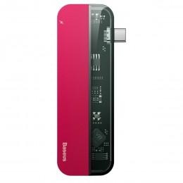 Хаб Type-C для MacBook с 2*Type-C, HDMI (4K 30Hz), 2*USB 3.0 Baseus Transparent Series красный CAHUB-TD09