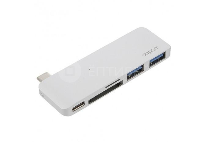 Адаптер Deppa 5 в 1 с USB-C на MicroSD, SD, USB 3.0 для MacBook 12" 2015 / 2016 серебристый