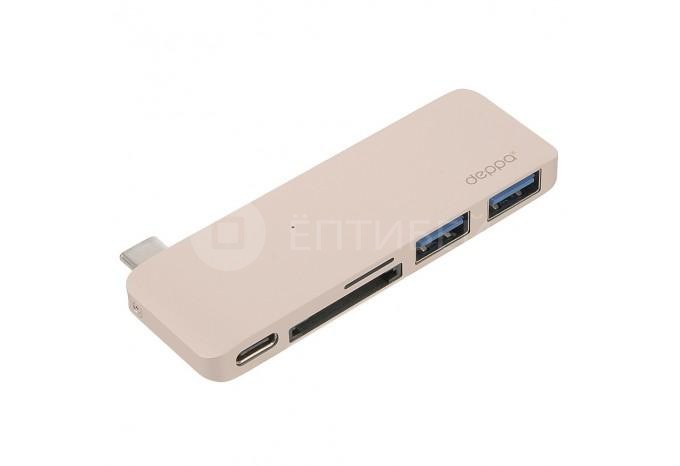 Адаптер Deppa 5 в 1 с USB-C на MicroSD, SD, USB 3.0 для MacBook 12" 2015 / 2016 золотой